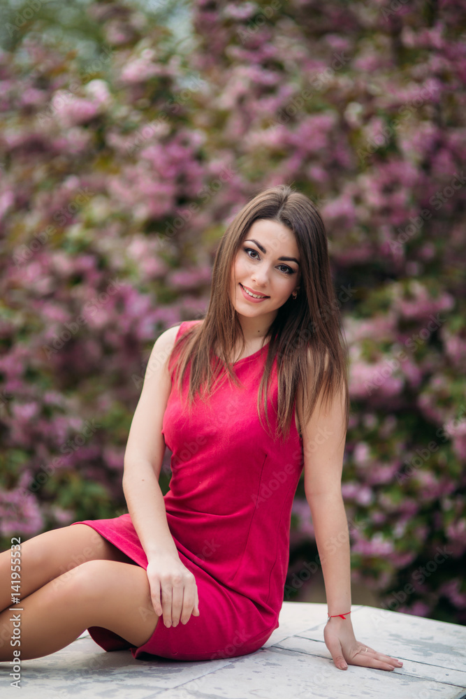 Beautiful girl posing to the photographer against the background of blooming pink trees. Spring. Sakura. Beautiful girl posing to the photographer against the background of blooming pink trees. Spring. Sakura.