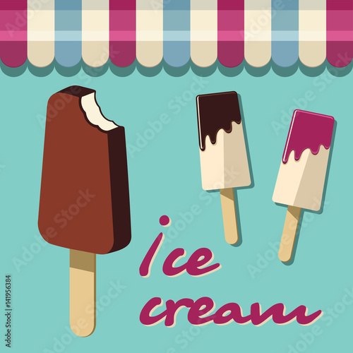 Retro ice cream poster. Vintage vector illustration sign. Background template with delicious homemade dessert.