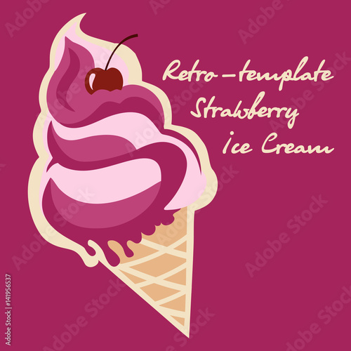 Retro ice cream poster. Vintage vector illustration sign. Background template with delicious homemade dessert. photo