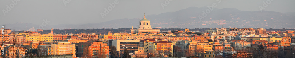 View of Rome Roofs: Parish of Santa Maria Regina Apostolorum, Nostra Signora di Lourdes Bell Tower, Mausoleum of Cecilia Metella, Calatrava's incomplete City of Sports.
