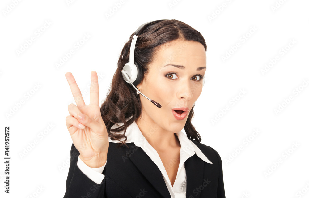 Support operator showing two fingers, on white Support operator showing two fingers, on white