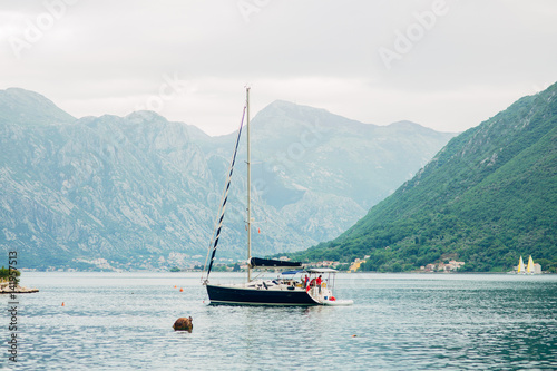 Yachts, boats, ships in the Bay of Kotor, Adriatic Sea, Montenegro Balkans