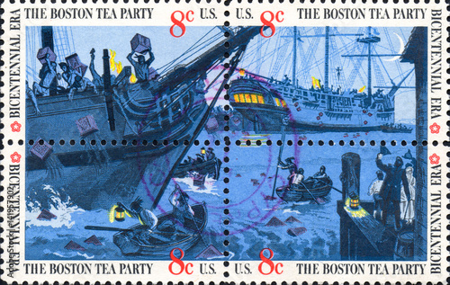 UKRAINE - CIRCA 2017: A set of four postage stamps printed in USA showing an scene of The Boston Tea Party. Colonists protest against the tax on tea. Bicentennial era, circa 1973