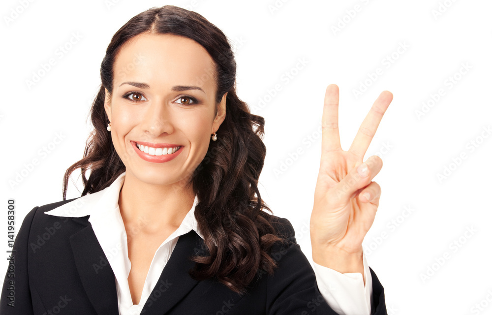 Businesswoman showing two fingers, on white Businesswoman showing two fingers, on white