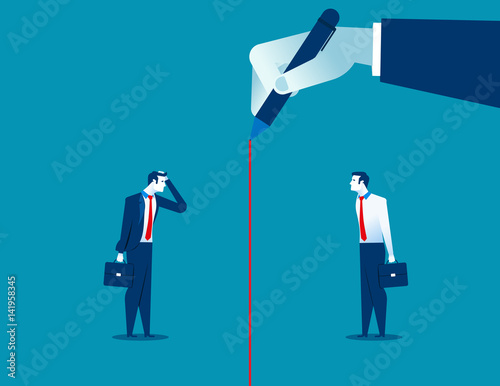 Manager painting red dividing line separation colleagues. Concept business person illustration. Vector cartoon character flat