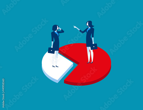 Businesswoman on difference pieces of chart. Concept business success illustratio. Vector cartoon character and abstract flat