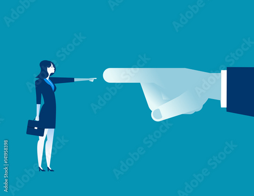 Manager big finger pointing at the small businesswoman. Concept business office people illustration. Vector cartoon character flat
