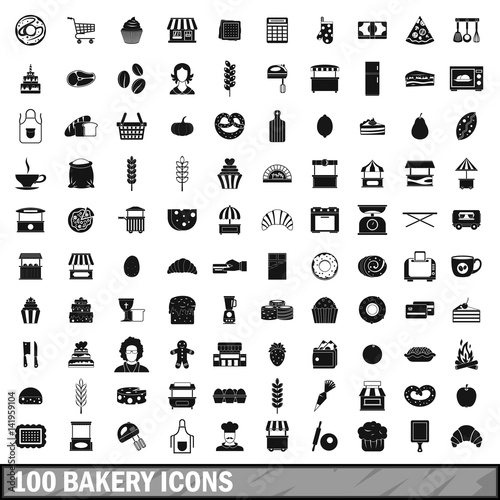 100 bakery icons set, simple style 