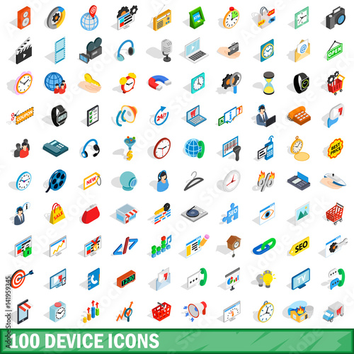 100 device icons set, isometric 3d style