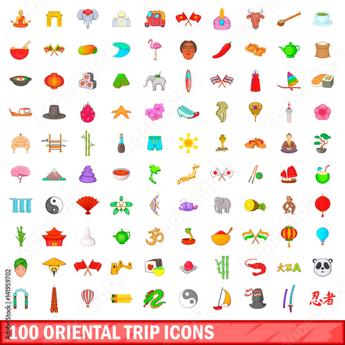 100 oriental trip icons set, cartoon style