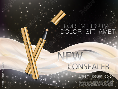 Cosmetic ads gold, black and silver concealers with cream waves on pastel color background. Face care, body care and skin cosmetic. Vector illustration.