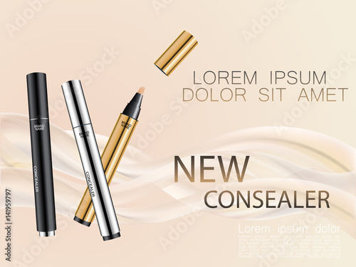 Cosmetic ads gold, black and silver concealers with cream waves on pastel color background. Face care, body care and skin cosmetic. Vector illustration.