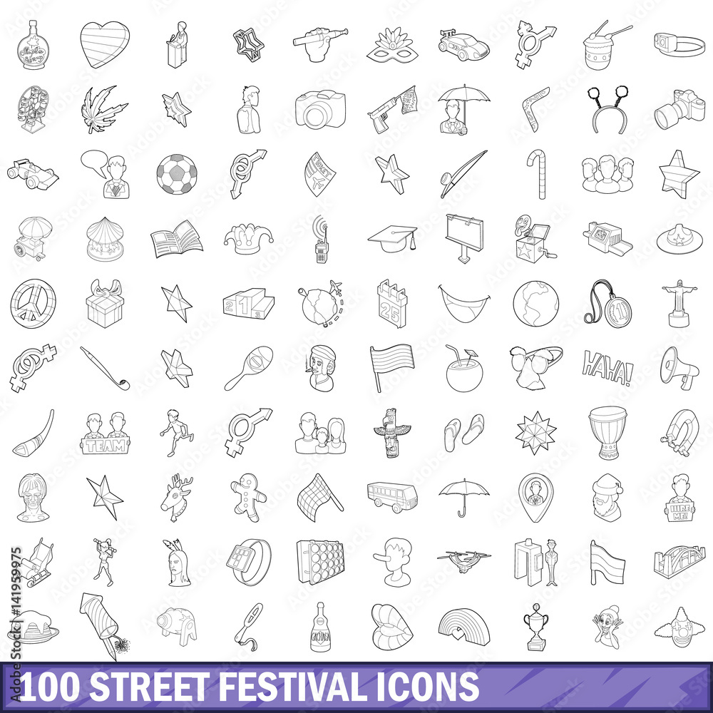 100 street festival icons set, outline style 100 street festival icons set, outline style