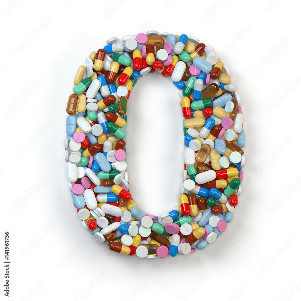 Number 0 zero. Set of alphabet of medicine pills, capsules, tablets and blisters isolated on white. Number 0 zero. Set of alphabet of medicine pills, capsules, tablets and blisters isolated on white.