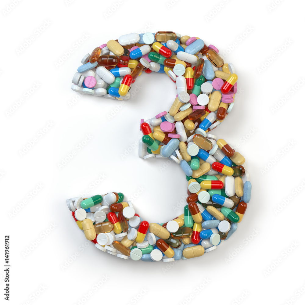 Number 3 three. Set of alphabet of medicine pills, capsules, tablets and blisters isolated on white. Number 3 three. Set of alphabet of medicine pills, capsules, tablets and blisters isolated on white.