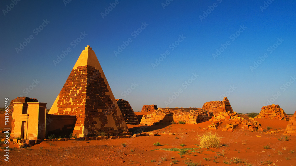 Landscape of Meroe pyramids in the desert, Sudan, Landscape of Meroe pyramids in the desert, Sudan,