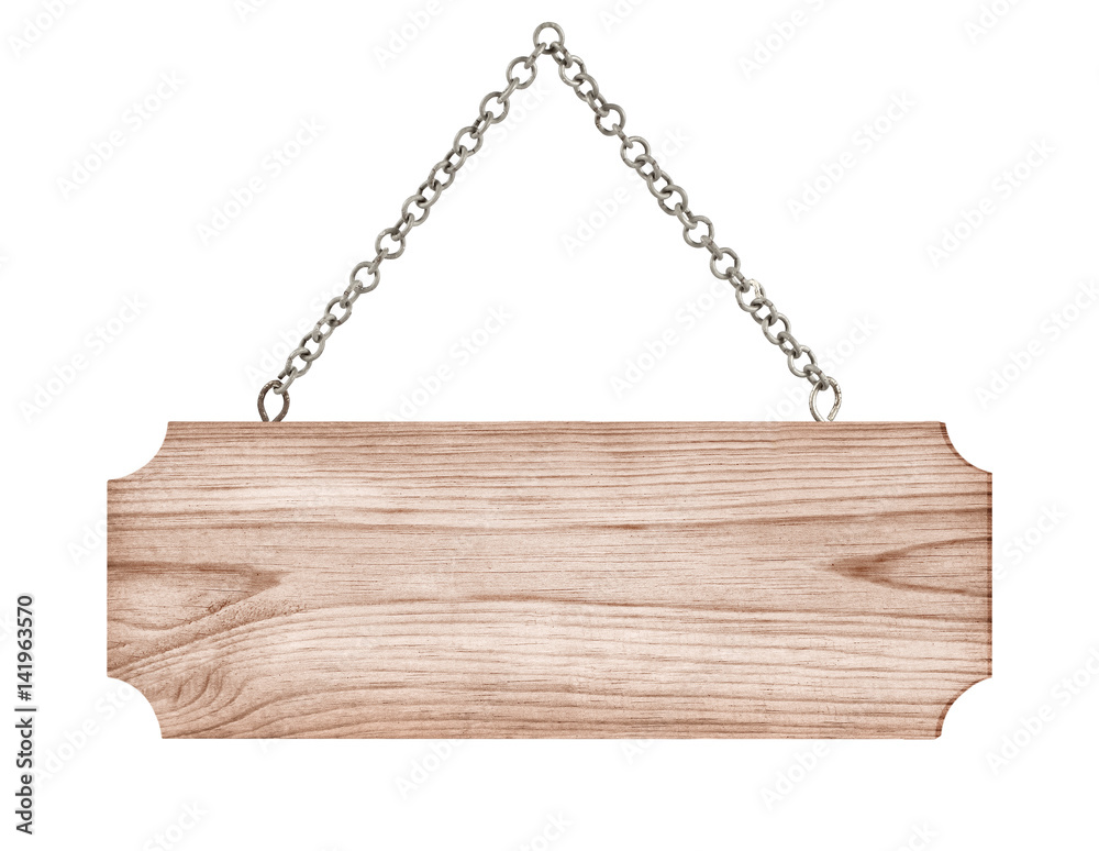 close up of an empty wooden sign hanging on chain on white background close up of an empty wooden sign hanging on chain on white background