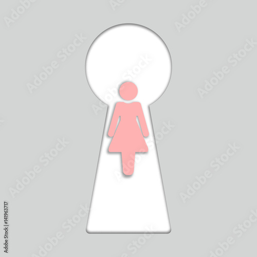 3d Keyhole vector icon. Peeping  into the keyhole after a girl.  Pry into the keyhole. Beautiful women  behind the keyhole concept. 3d Cutout paper art style. Collage.