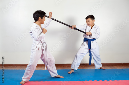 Two boys demonstrate martial arts working together