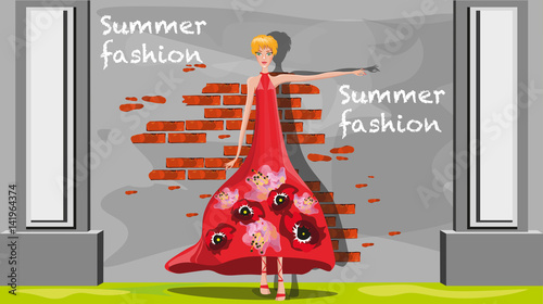 vector illustration with a beautiful fashion blond woman in long red dress