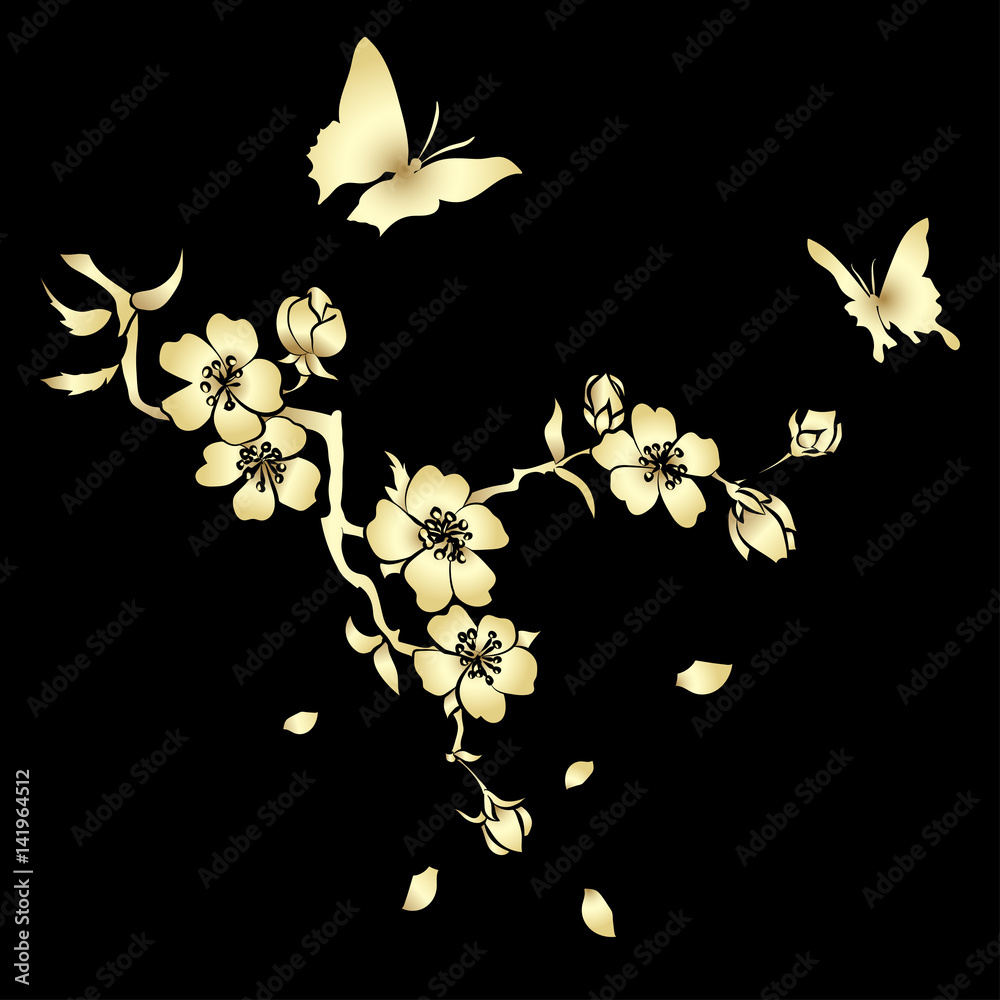 Obraz premium twig cherry blossoms and butterflies