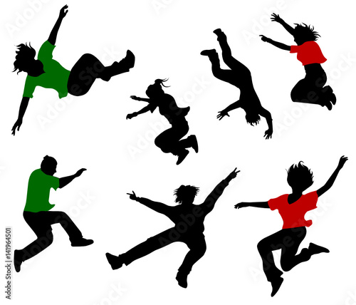 Silhouettes of seven jumping and fallen people