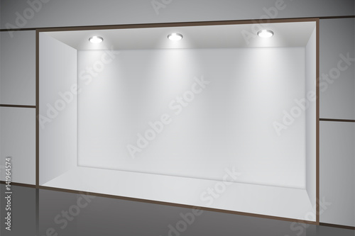 Empty 3d storefront with ceiling lighting, vector illustration