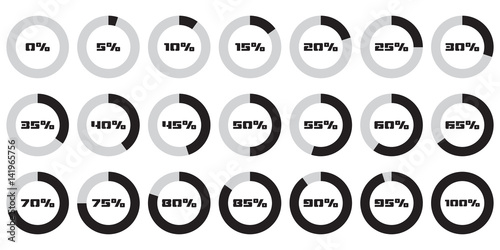 Set of circle percentage diagrams for infographics, 0 5 10 15 20 25 30 35 40 45 50 55 60 65 70 75 80 85 90 95 100 percent