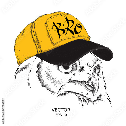The poster with the image owl portrait in hip-hop hat. Vector illustration.