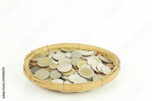 coins on basket isolated on white background, concept in save money
