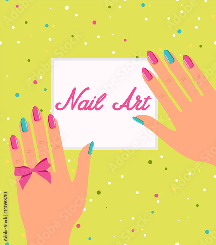 Woman hand with colorful fingernails. Gift certificate for a nai