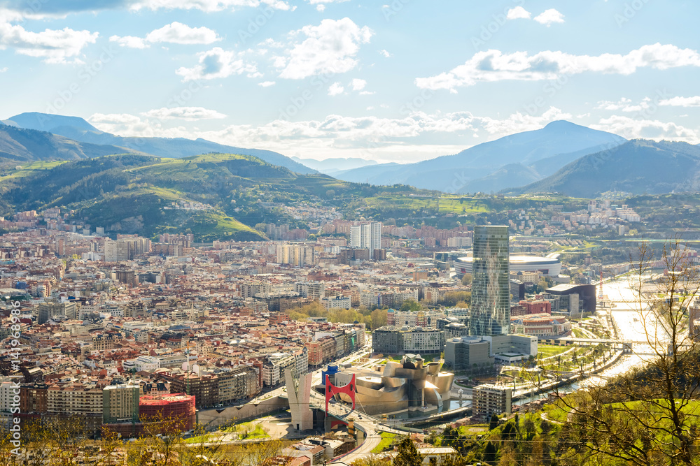 panoramic views to bilbao city on sunny day, Spain