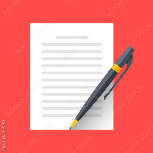 Vector document and pen icon. Singing document, filling form, business contract, application, claim concepts. Modern flat design graphic elements. Vector illustration