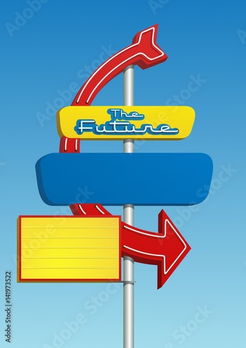 Fifties style neon sign with a big red arrow, pointing to the future
