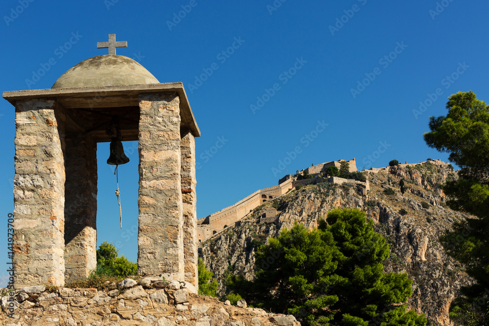 Obraz premium Belltower and fortress of Palamidi, Nafplio, Greece
