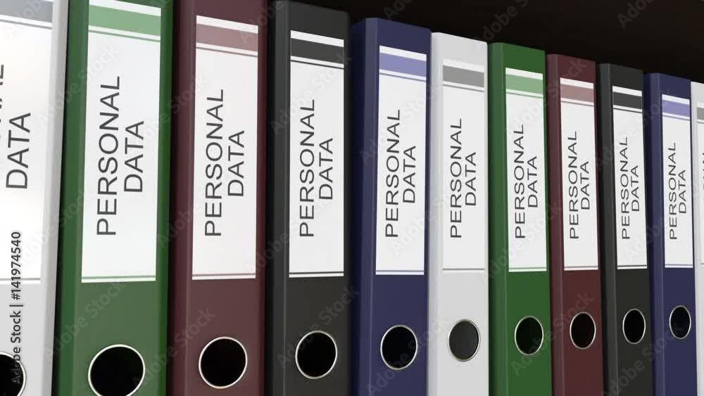 Line of multicolor office binders with Personal data tags. 4K seamless loop clip Line of multicolor office binders with Personal data tags. 4K seamless loop clip