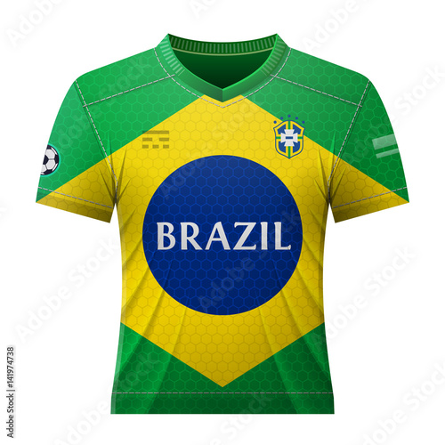 Soccer shirt in colors of brazilian flag. National jersey for football team of Brazil. Qualitative vector illustration about soccer, sport game, football, championship, national team, gameplay, etc