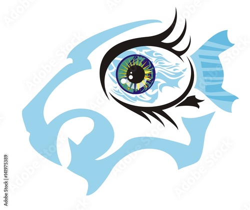 Fish eye concept against aggressive lion head. An abstract eye symbol - the furious blue lion's head and fish inside