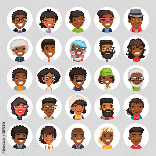 Flat African American Round Avatars on White