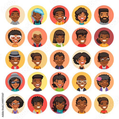 Flat African American Round Avatars on Color