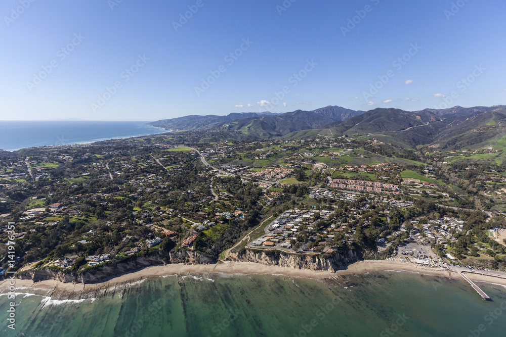 Aerial of ocean view homes near Paradise Cove in Malibu, California.  