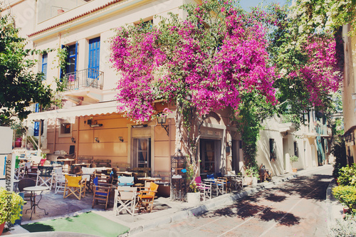 Charming street in the old district of Plaka in Athens, Greece