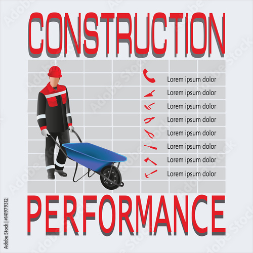 Construction. Working man. Composition a working, grinder for concrete and hand tools. Design for poster: construction, jobs, labor safety, instructions. Vector image.