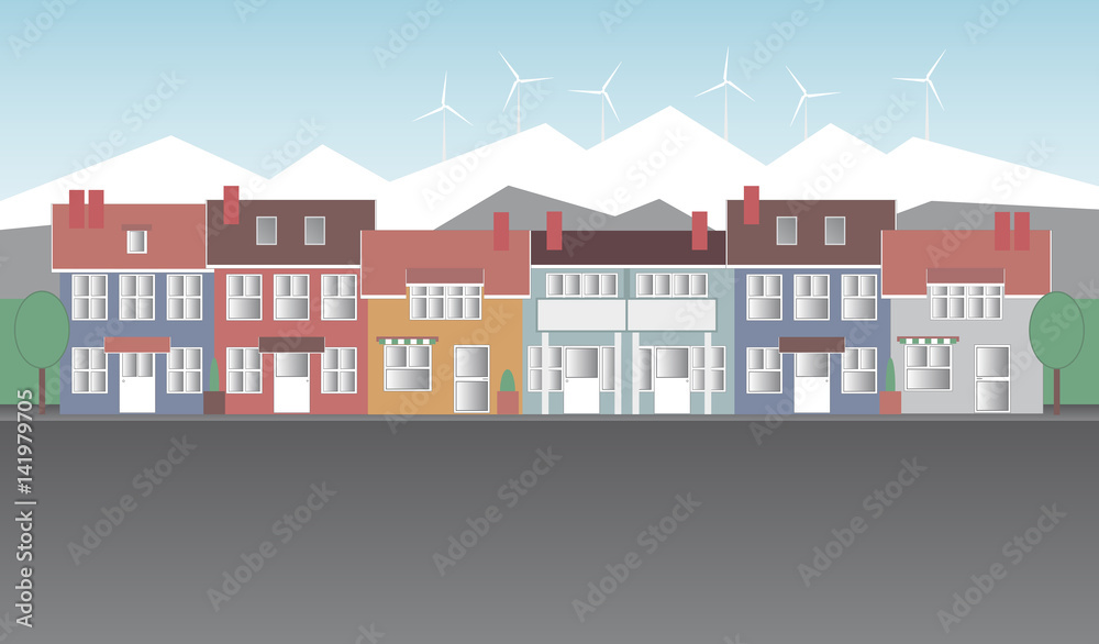 Street Scandinavian city with colorful houses. In the background, mountains and wind turbines. Vector illustration