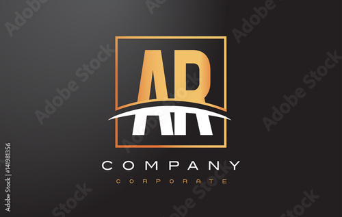 AR A R Golden Letter Logo Design with Gold Square and Swoosh.