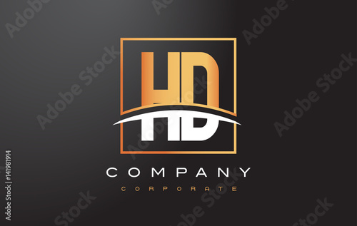 HD H D Golden Letter Logo Design with Gold Square and Swoosh.