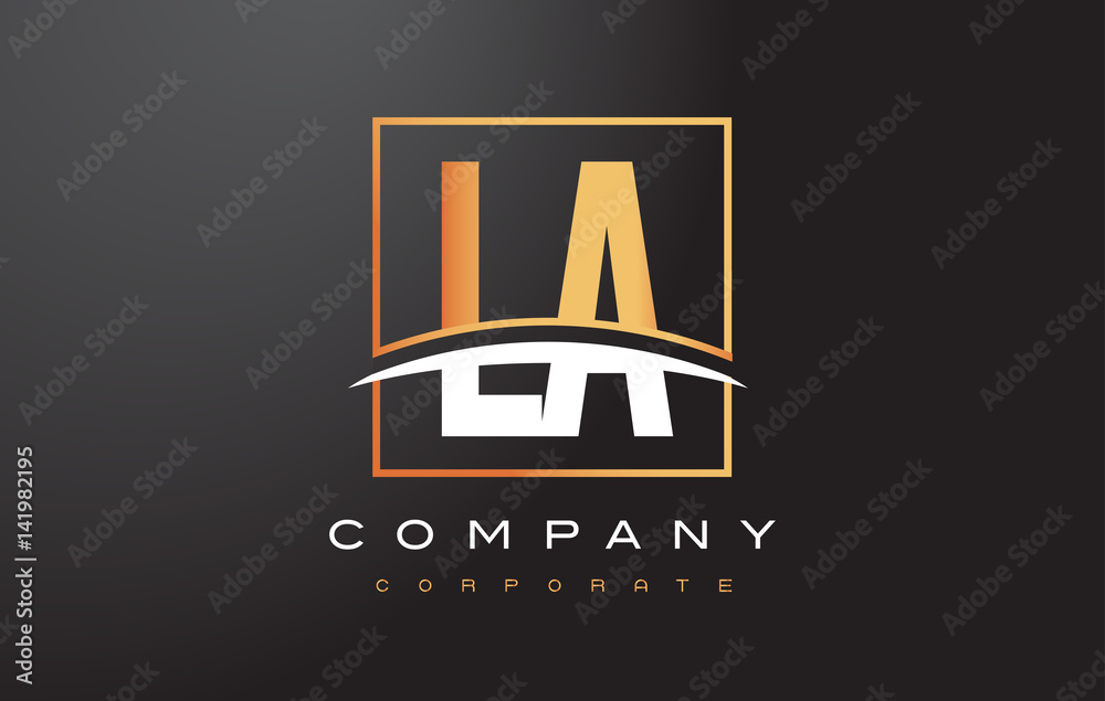 LA L A Golden Letter Logo Design with Gold Square and Swoosh. LA L A Golden Letter Logo Design with Gold Square and Swoosh.