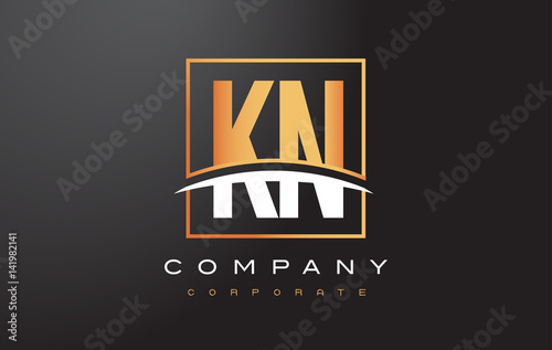 KN K N Golden Letter Logo Design with Gold Square and Swoosh.