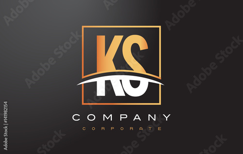 KS K S Golden Letter Logo Design with Gold Square and Swoosh.