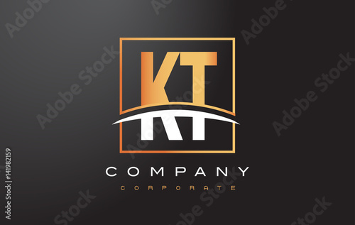 KT K T Golden Letter Logo Design with Gold Square and Swoosh.